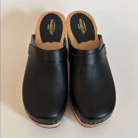 Swedish Hasbeens LOUISE Black Leather Platform Clogs Heels 38 - Picture 10 of 10